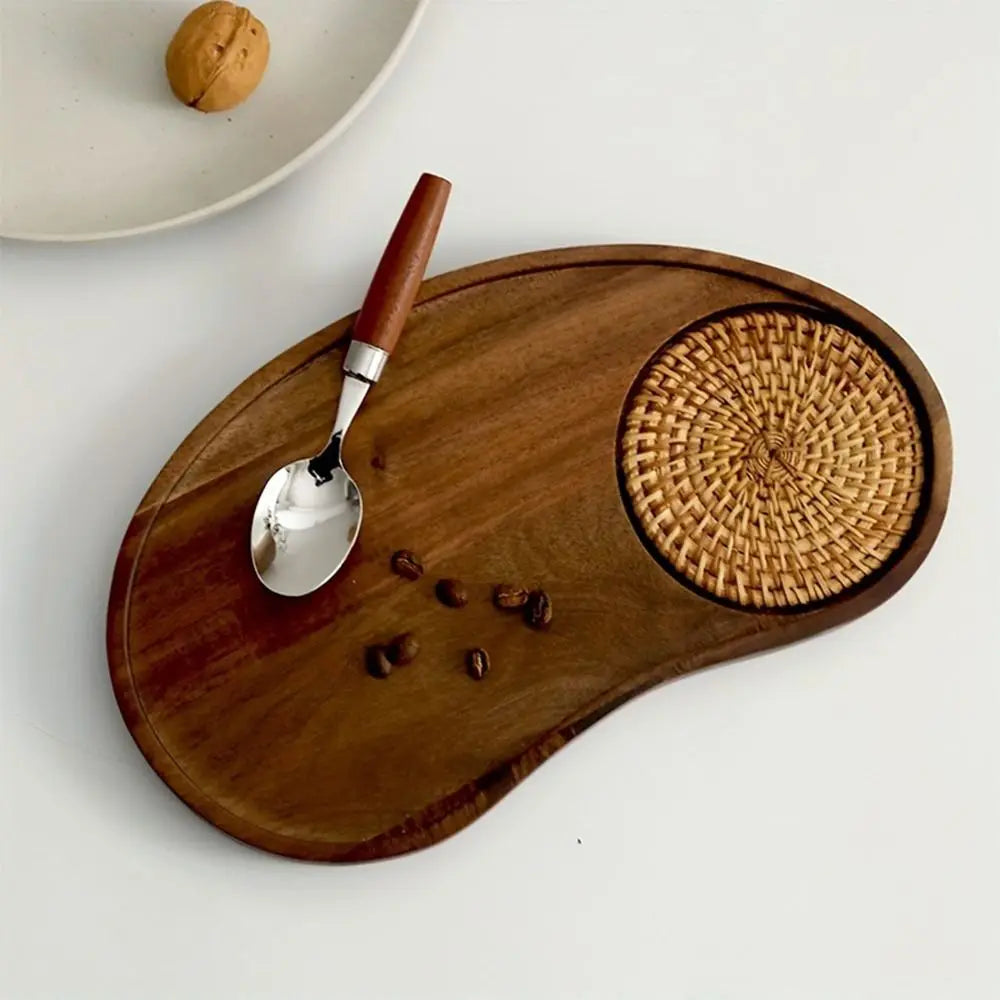 Modern Wooden Serving Tray with Woven Mat