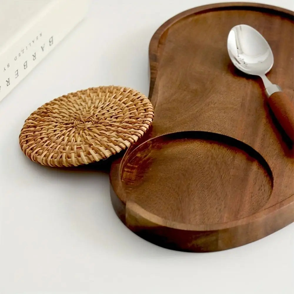 Modern Wooden Serving Tray with Woven Mat