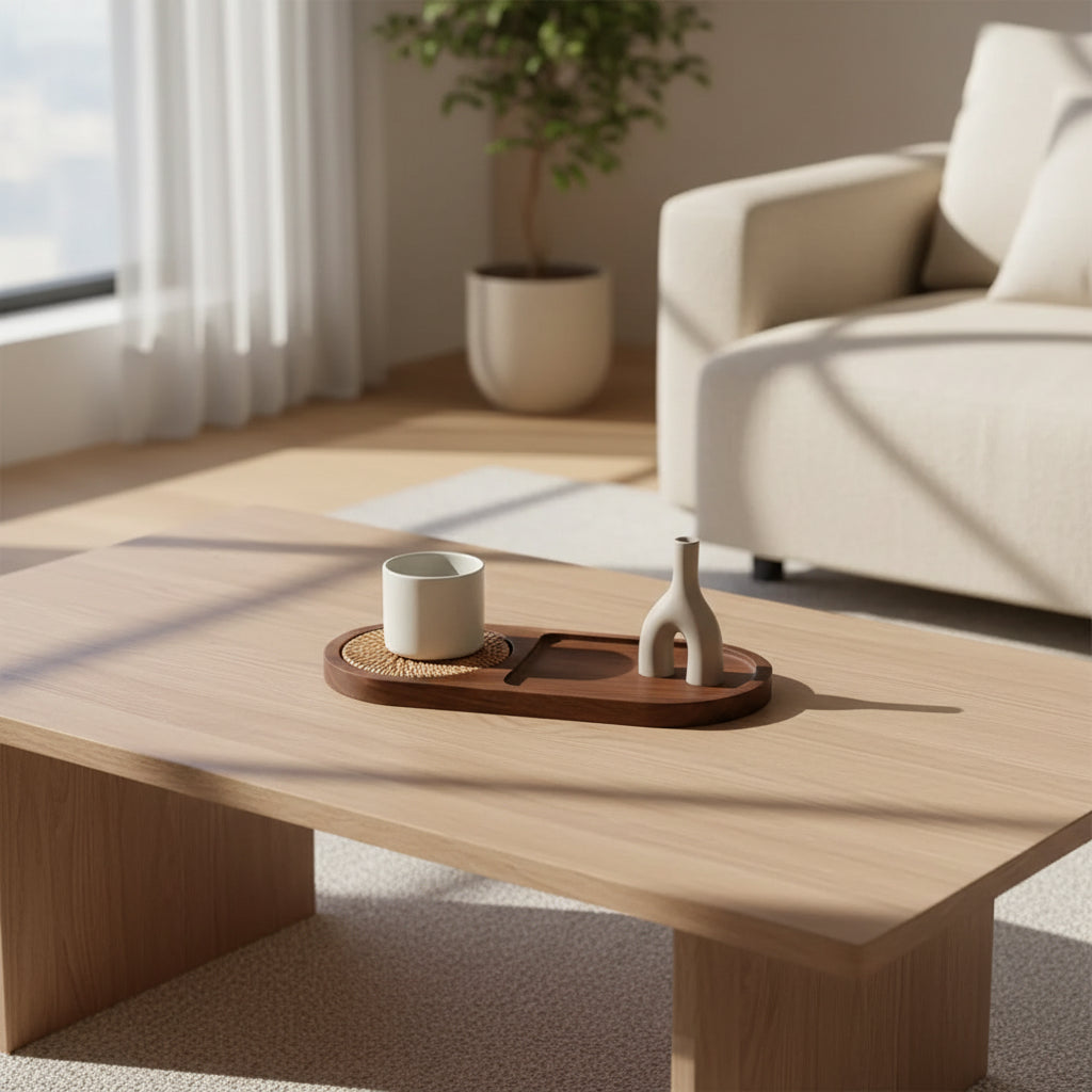 Modern Wooden Serving Tray with Woven Mat