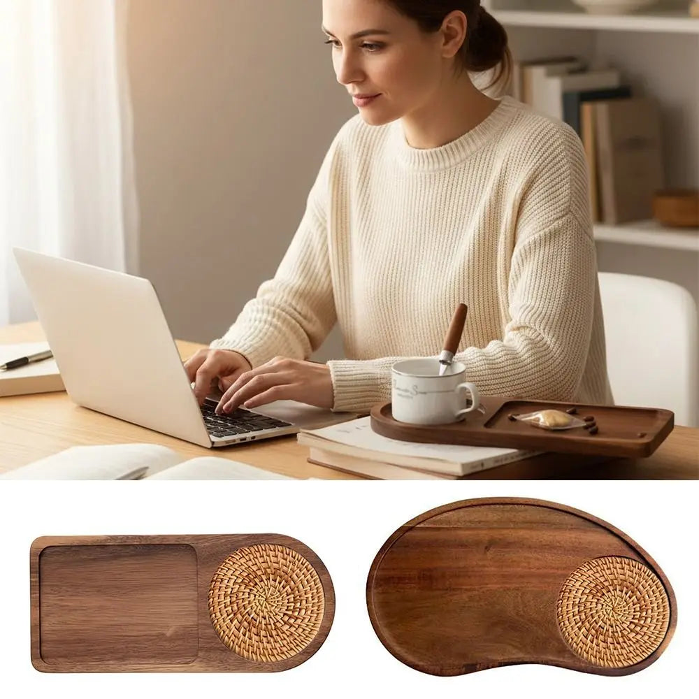 Modern Wooden Serving Tray with Woven Mat
