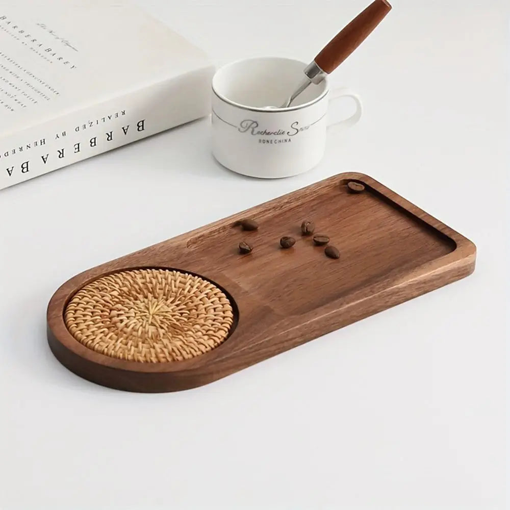 Modern Wooden Serving Tray with Woven Mat